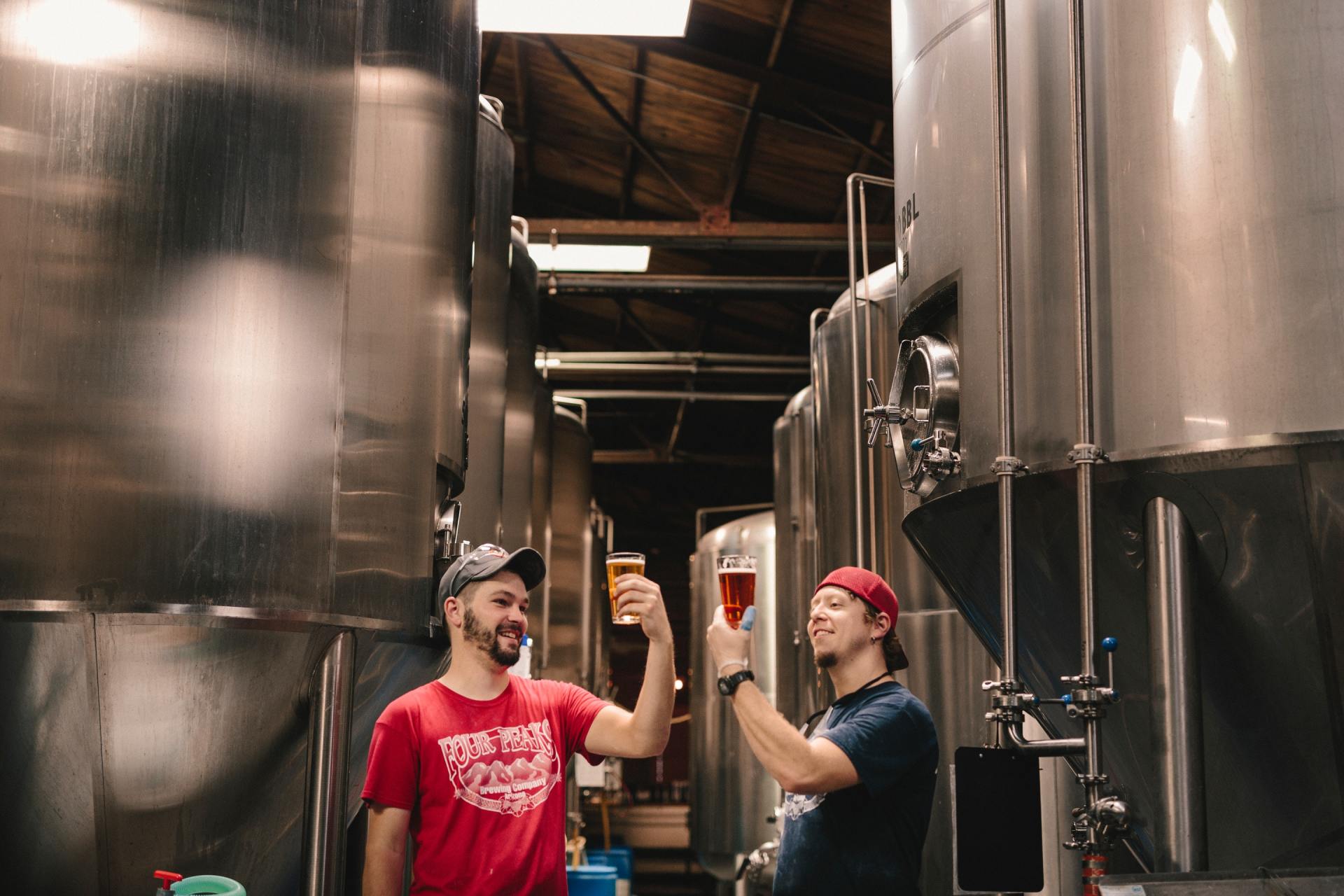 Two men are toasting with beer in a brewery.