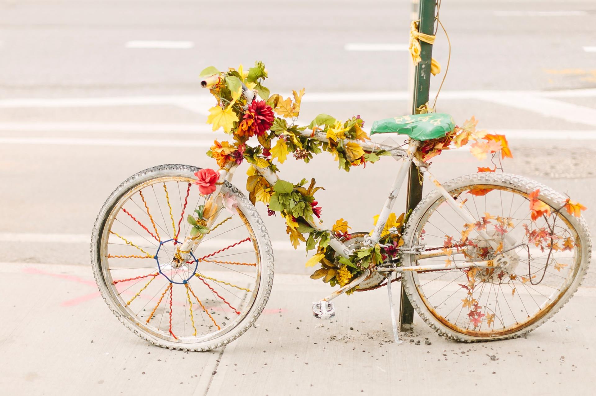 White bike decorated with flowers leaning on a post represents a cyclist killed while riding.
