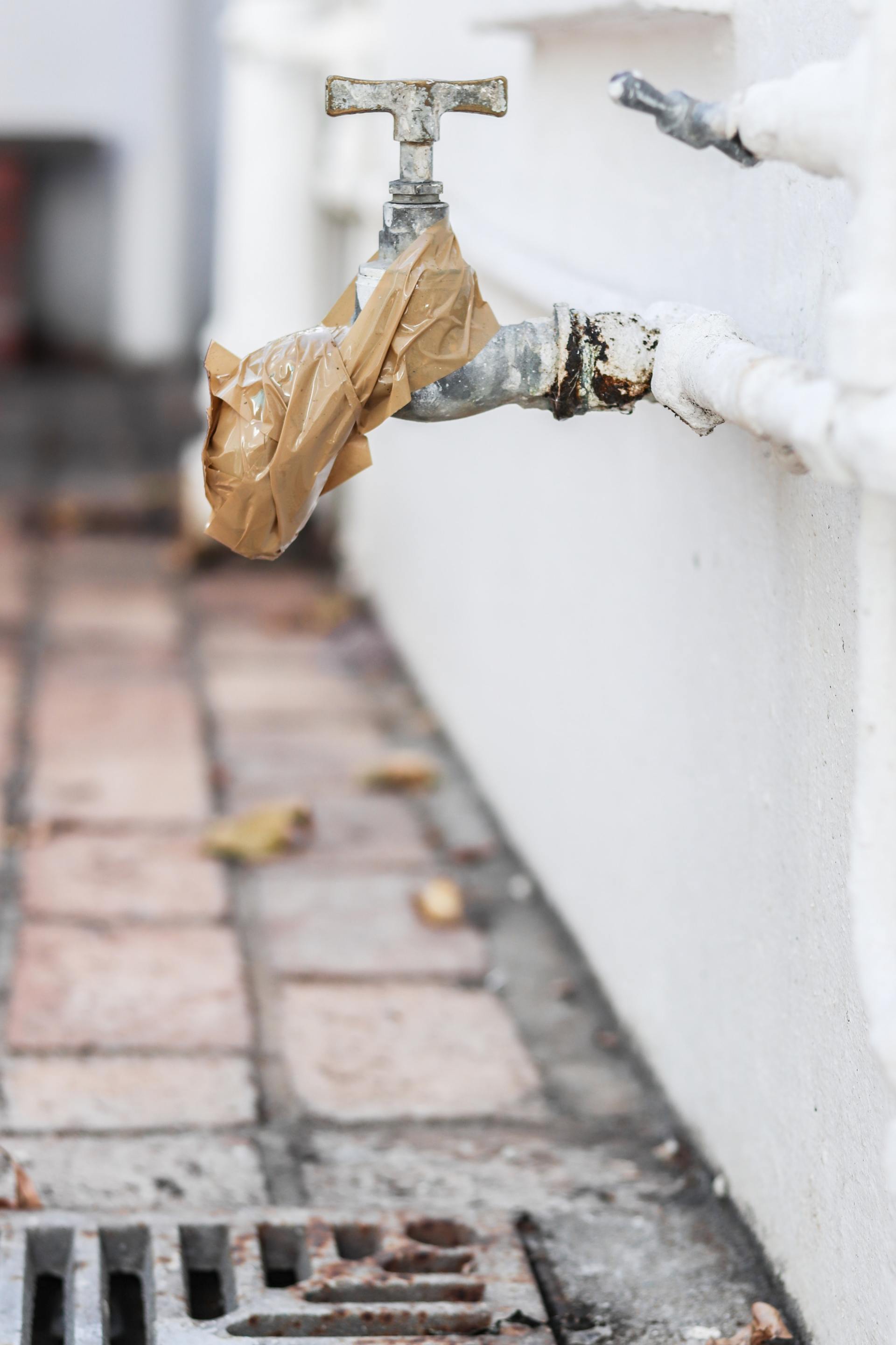 A close up of a faucet with a piece of paper taped to it.