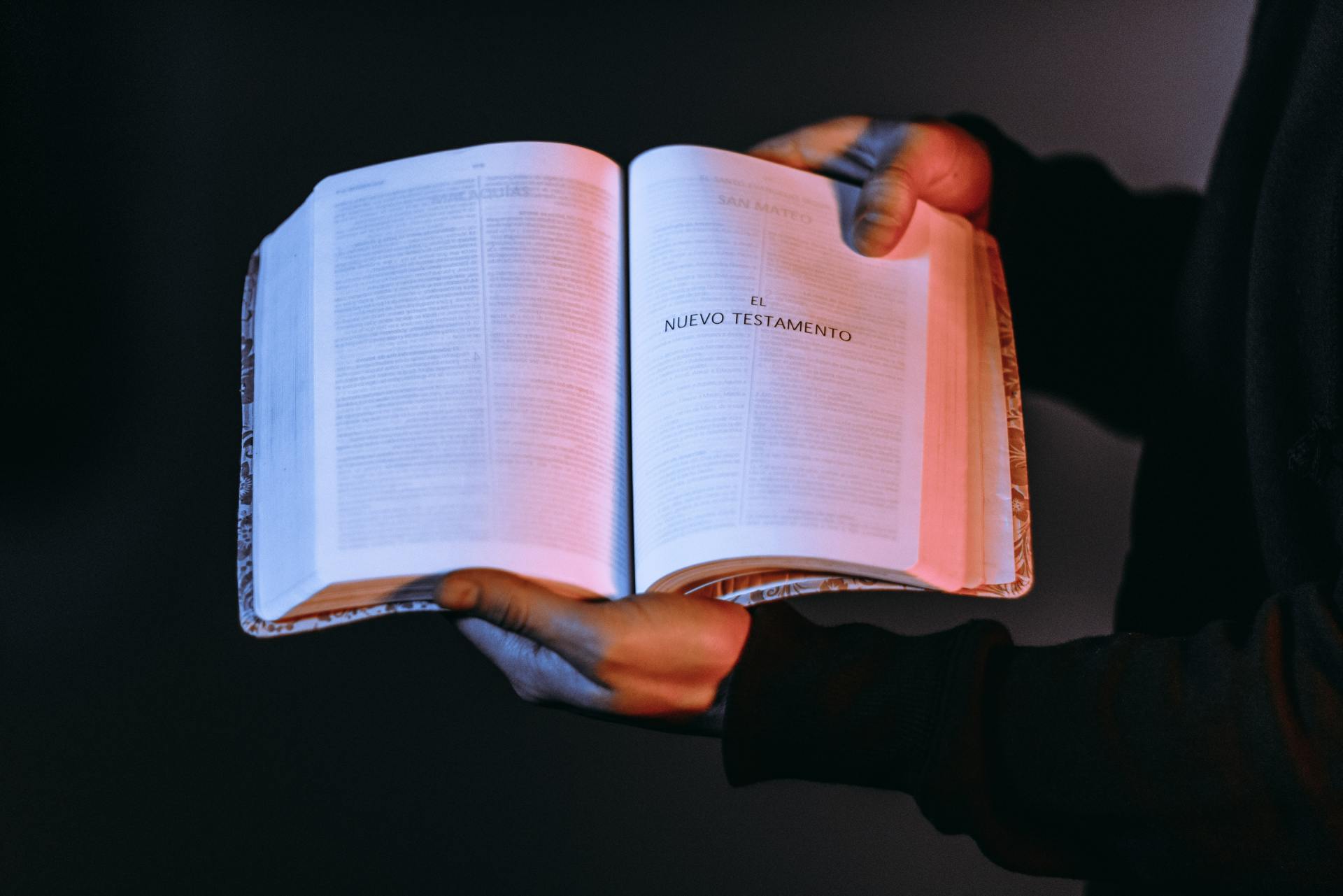 A person is holding an open bible in their hands.