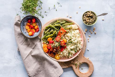 fresh healthy looking cooked vegetables beans rice