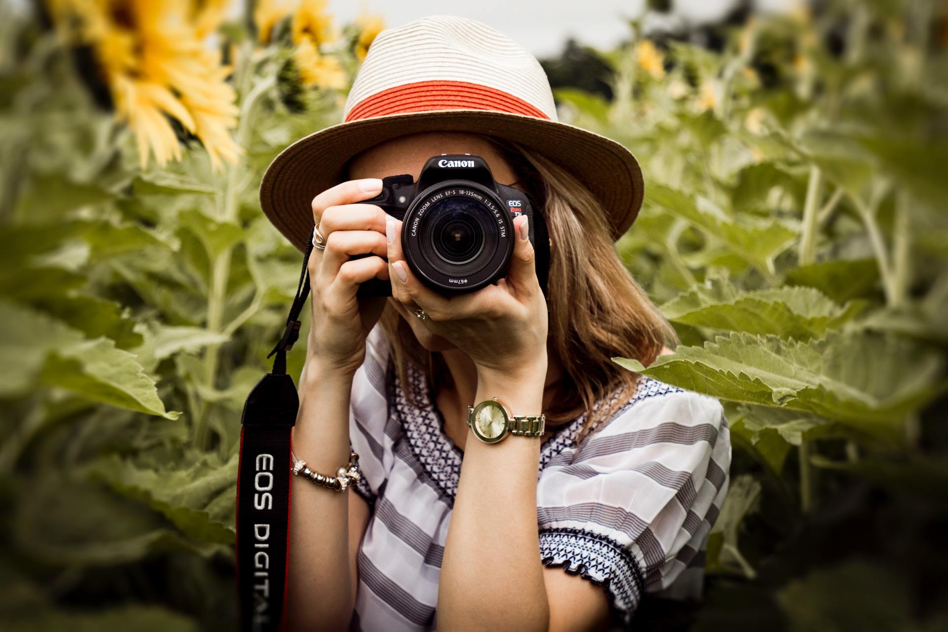 Een vrouw met hoed maakt met een camera een foto van zonnebloemen.