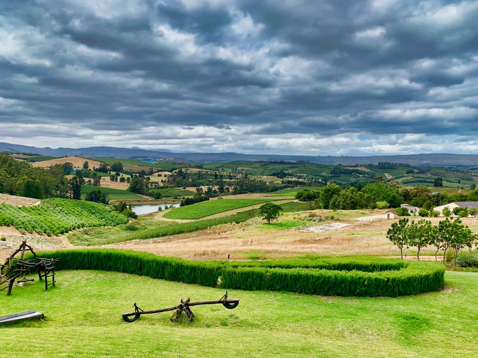 A view of a lush green field with a cloudy sky in the background.