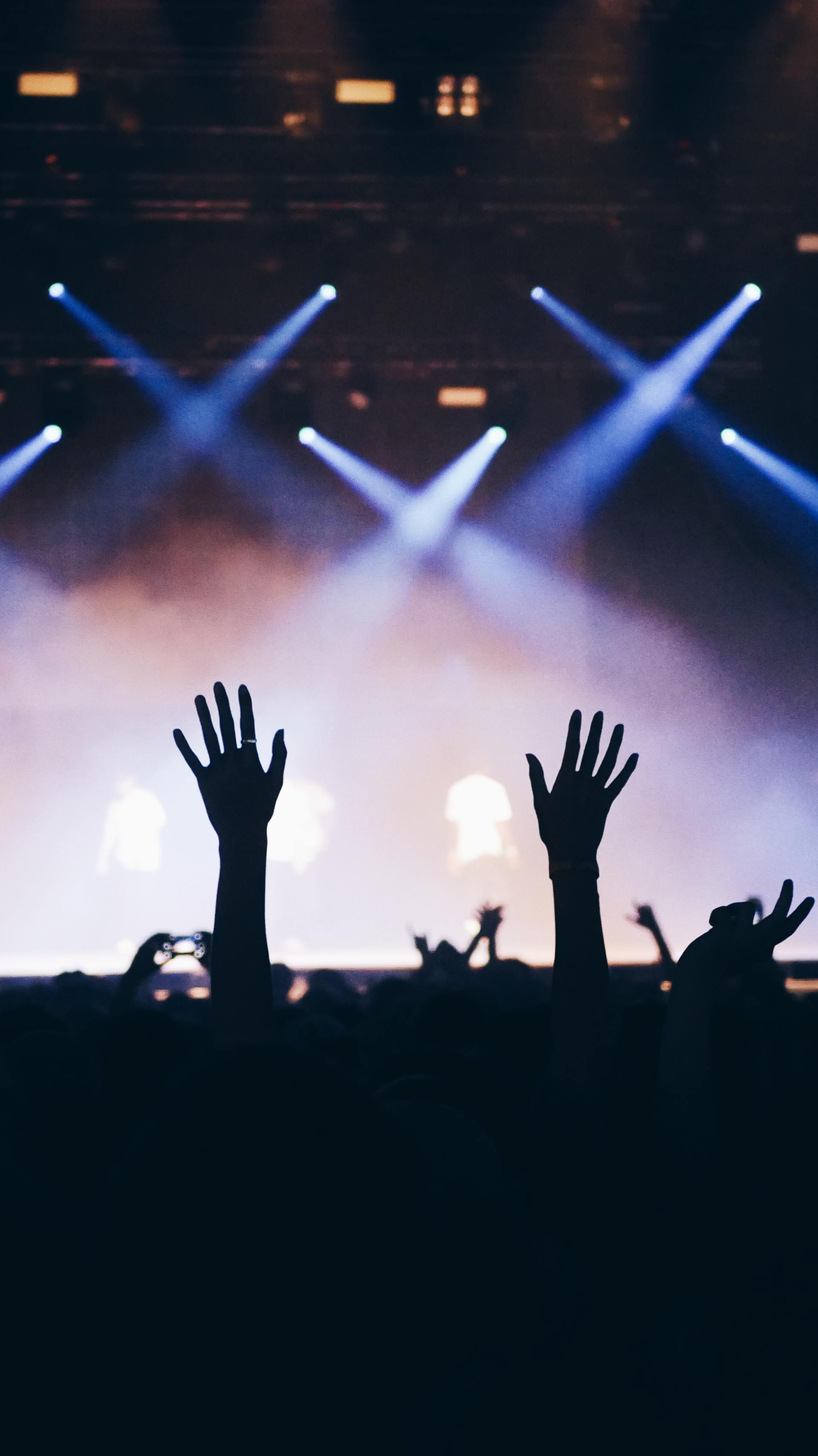 A crowd of people are raising their hands in the air at a concert.