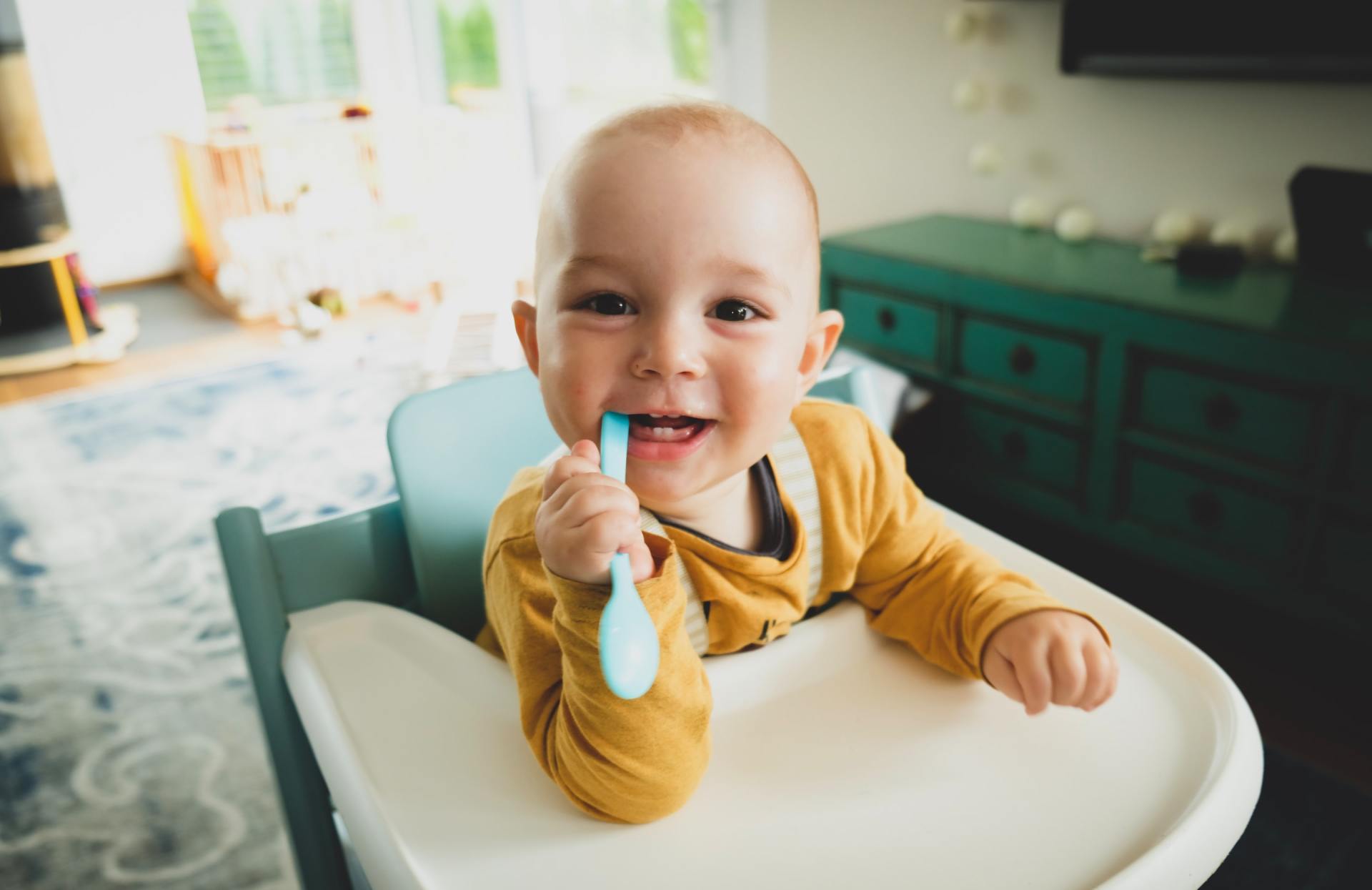 Pediatric Dentistry - a baby is sitting in a high chair with a spoon in his mouth .