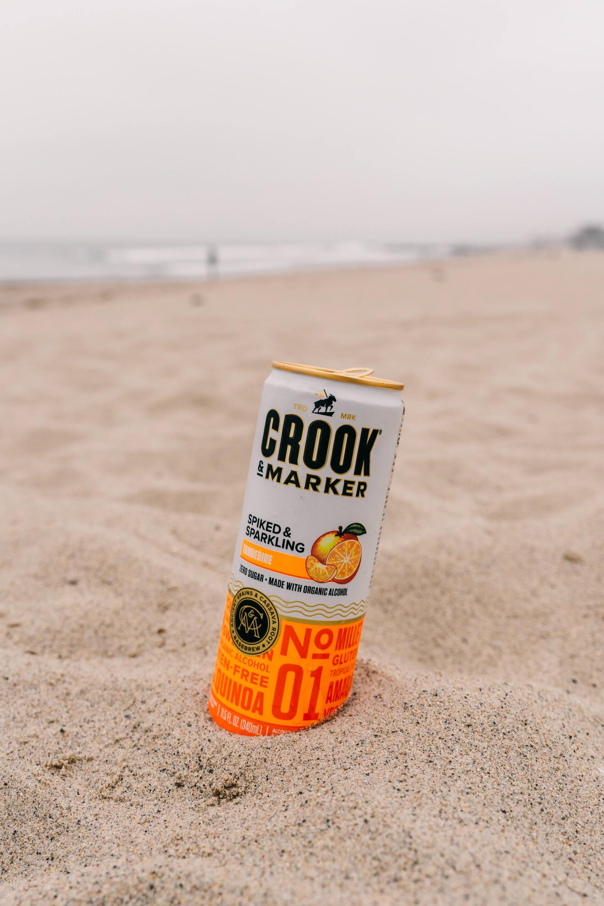 A can of crook is sitting on the sand on the beach.