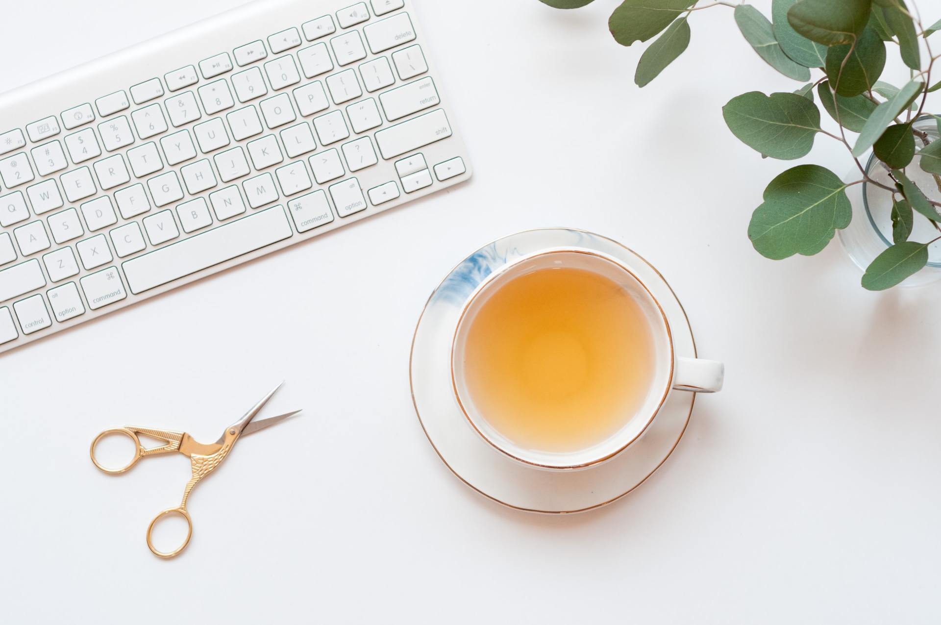 Keyboard, Small Scissors, and Cup of Tea on Table