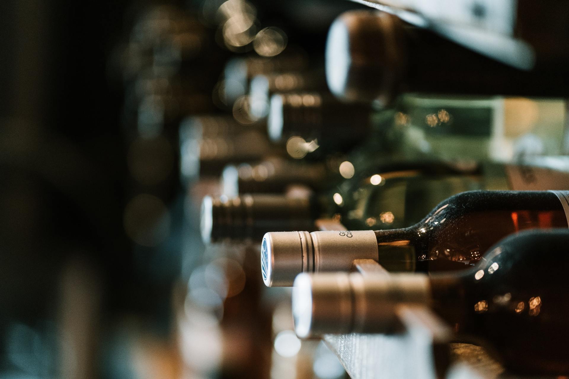 closeup of wine bottles