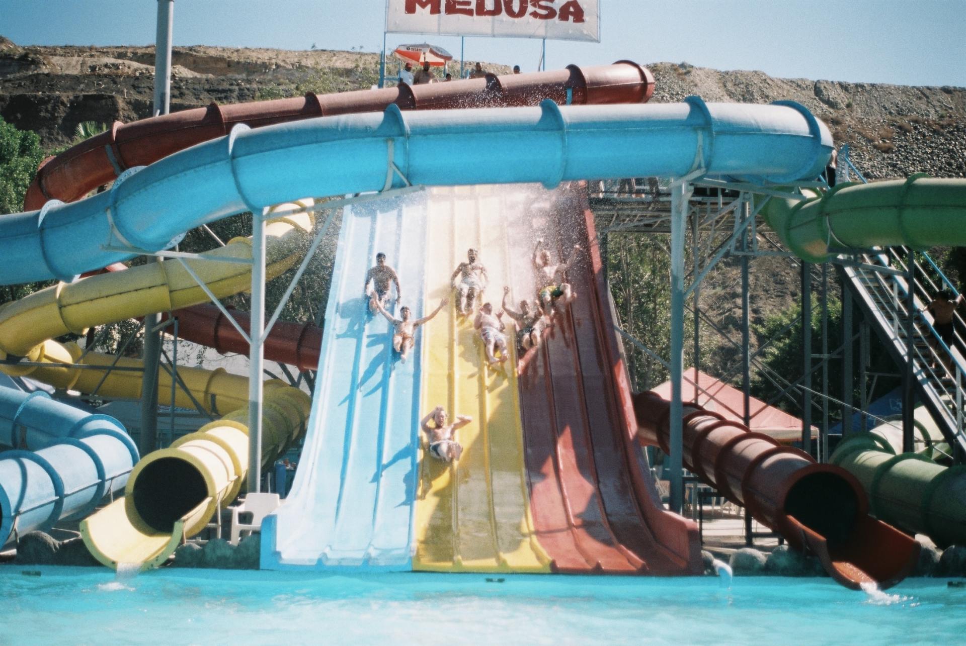 People are going down a water slide at the medusa water park