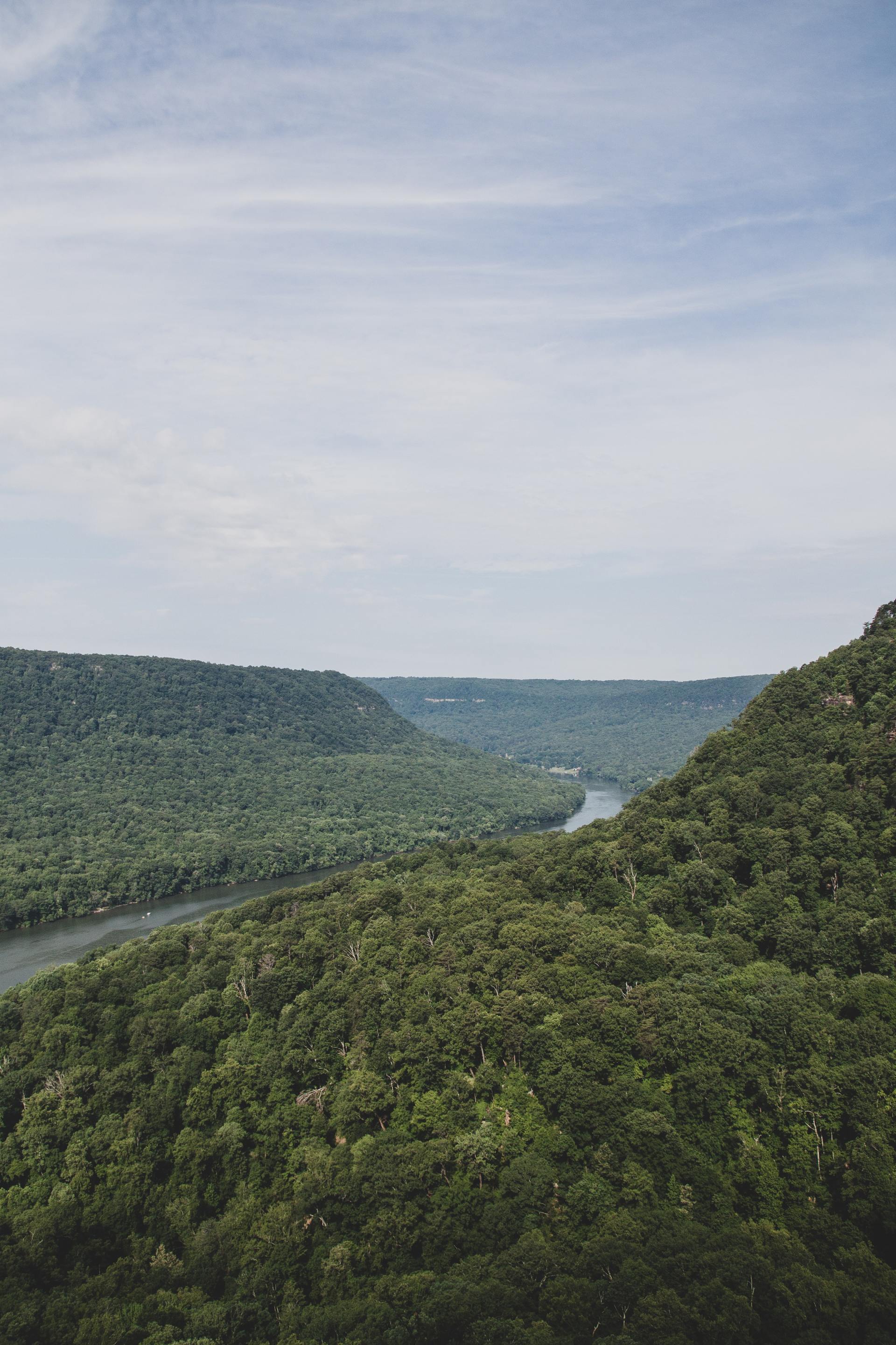 A river flowing through a lush green valley surrounded by trees.