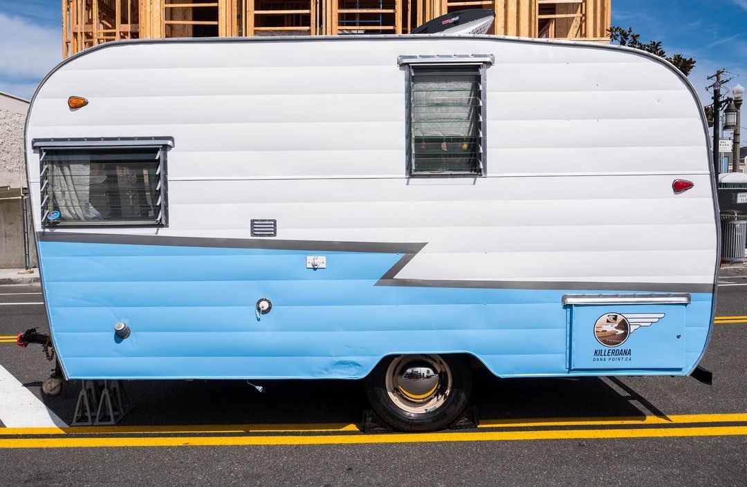 Blue & White single axel trailer RV