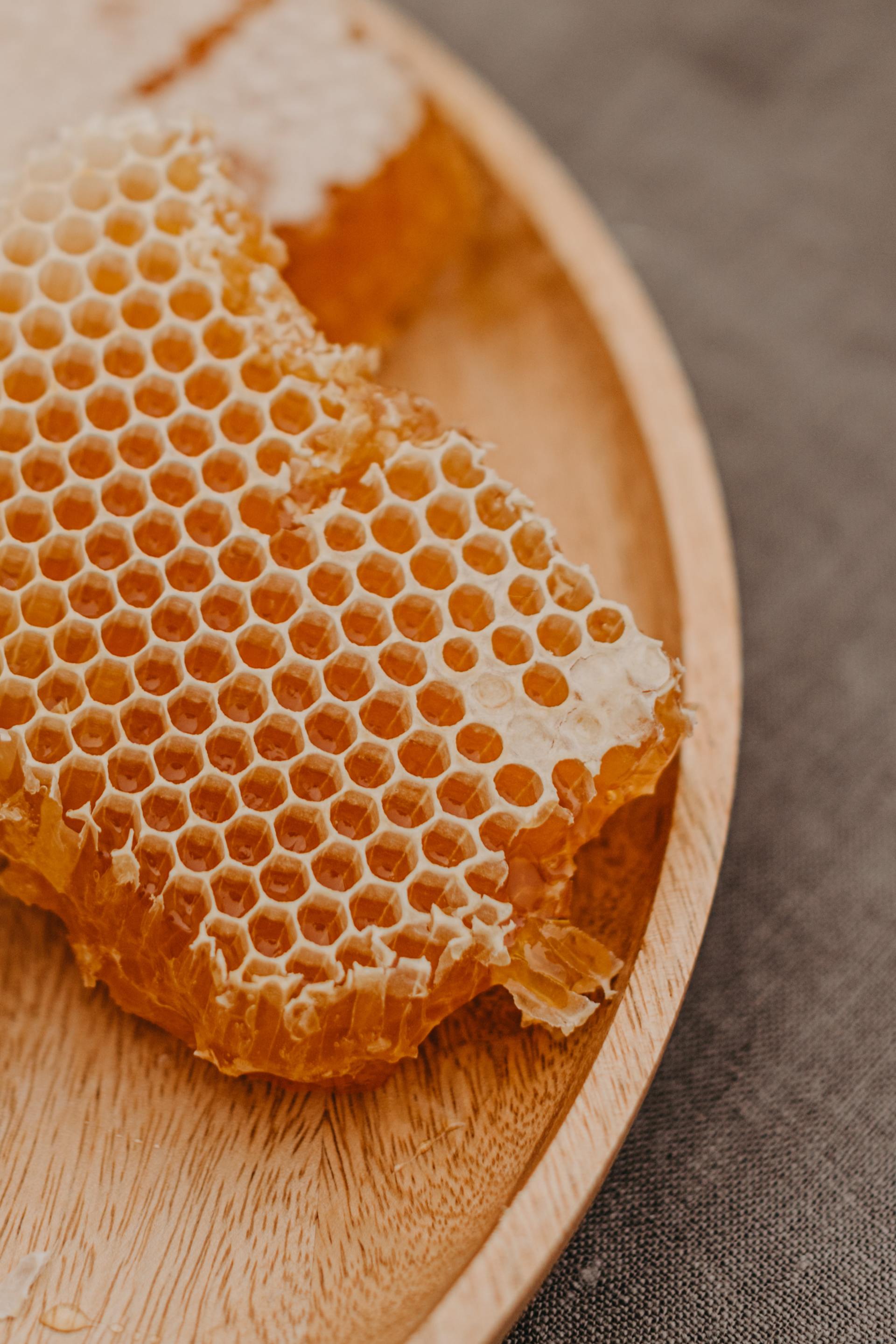 A close up of a piece of Colorado honey bee honeycomb on a wooden plate.