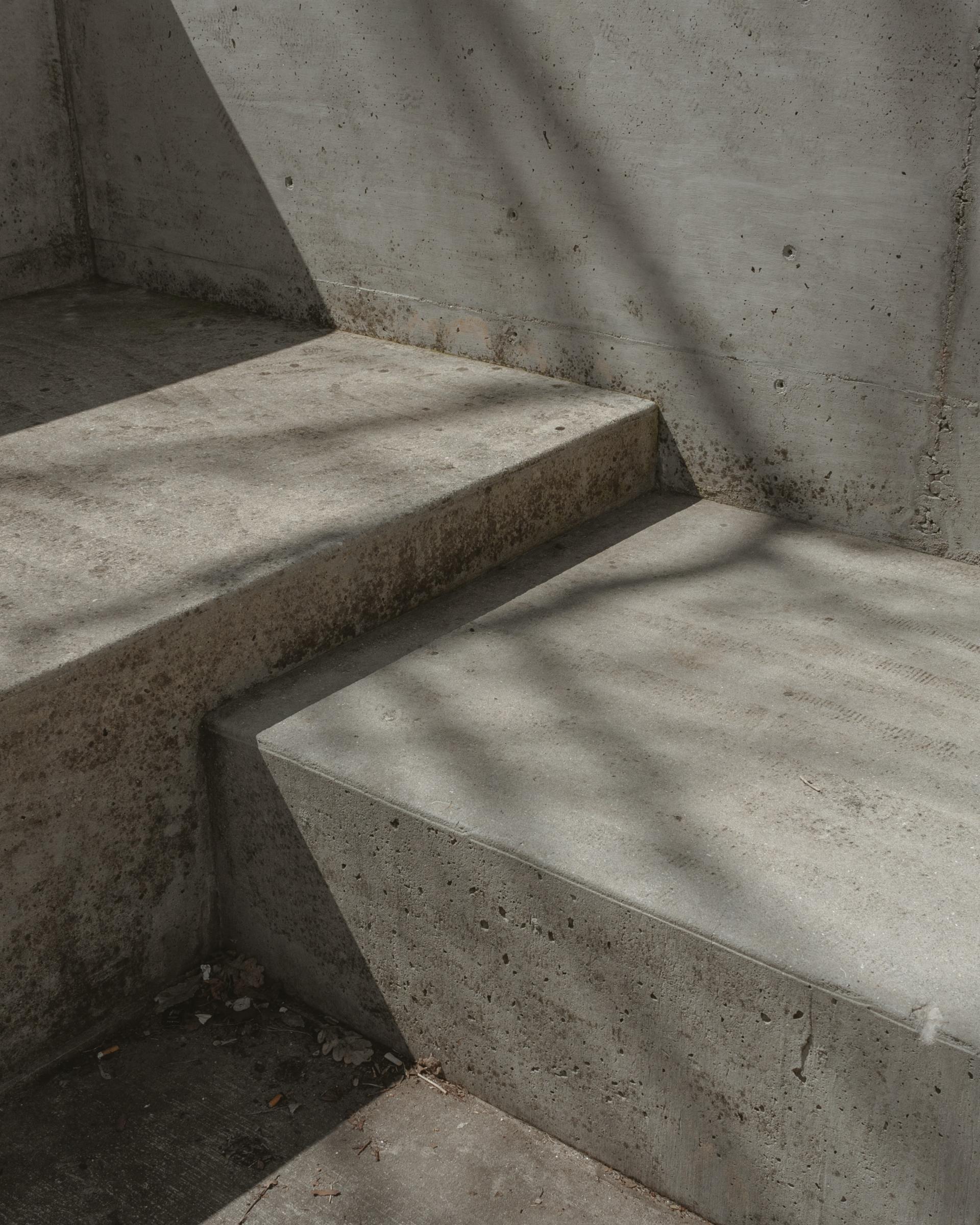 A close up of a set of concrete stairs with a tree shadow on them.