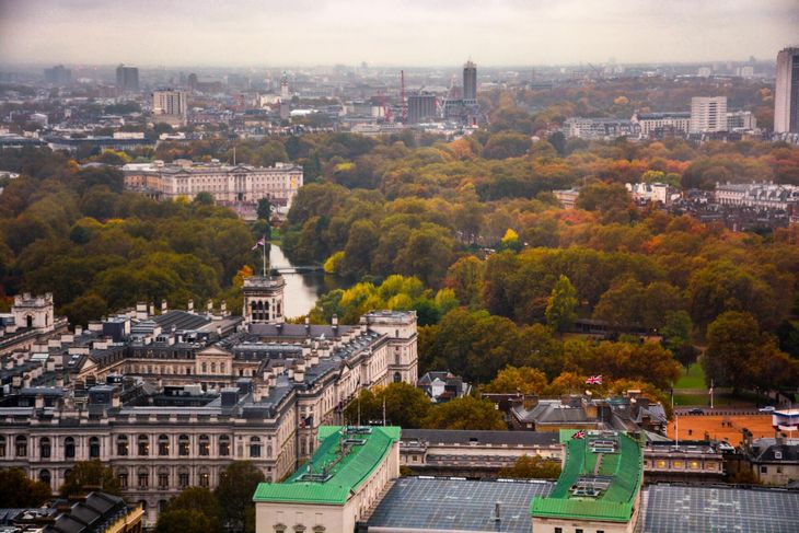 Aerial picture over the London City Centre Skyline on an autumn day.