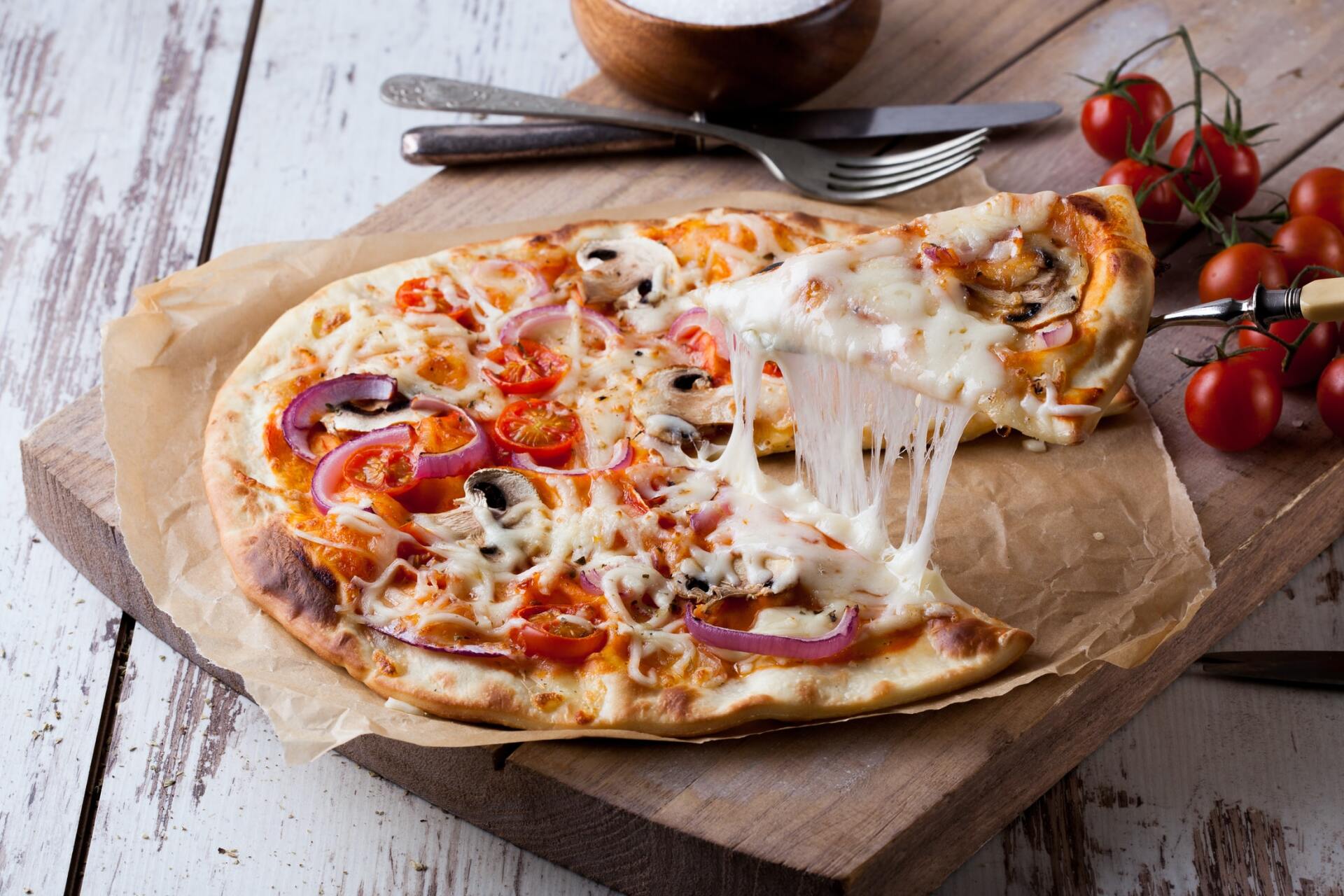 Pizza dough and melted cheese are a perfect example of dynamic contrast food