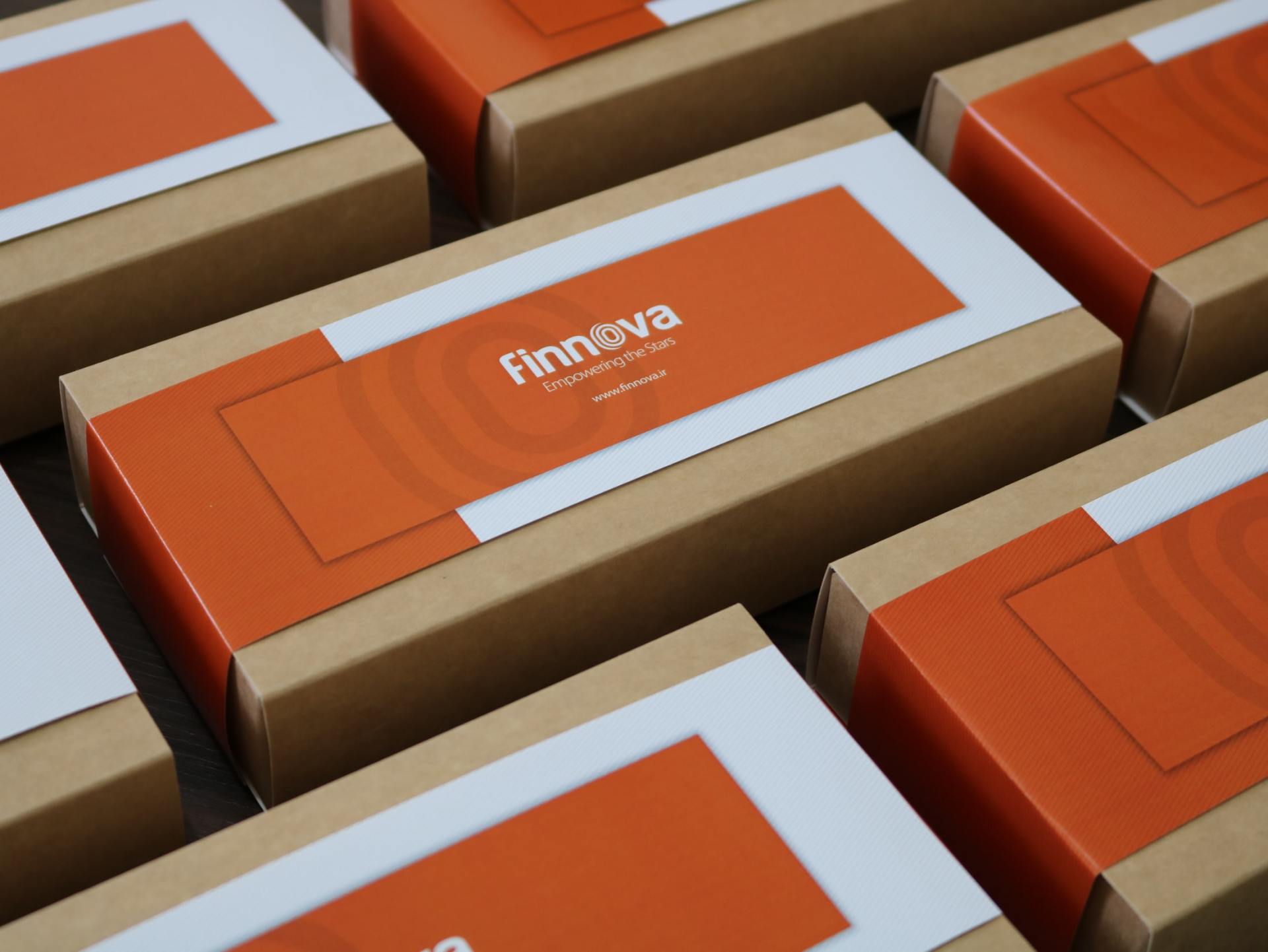 A row of boxes are lined up on a table