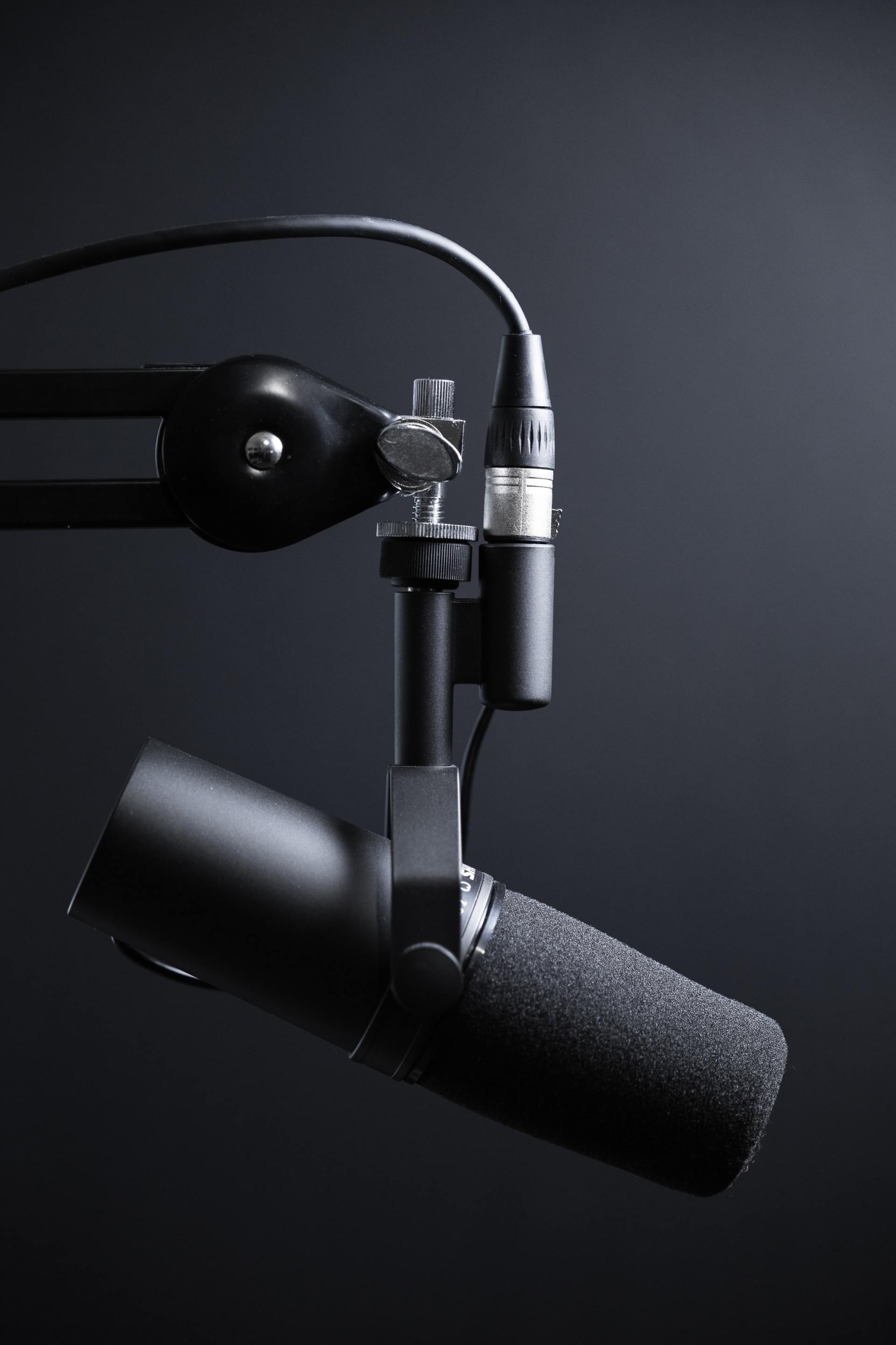 Side profile of studio microphone attached to the end of a boom