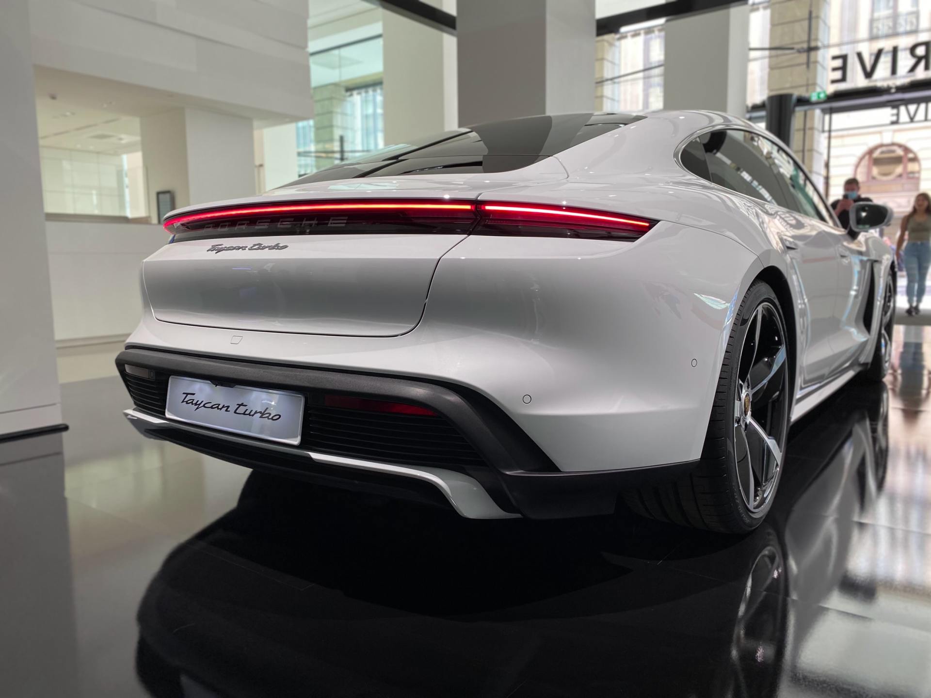 white Porsche Taycan Turbo rear end