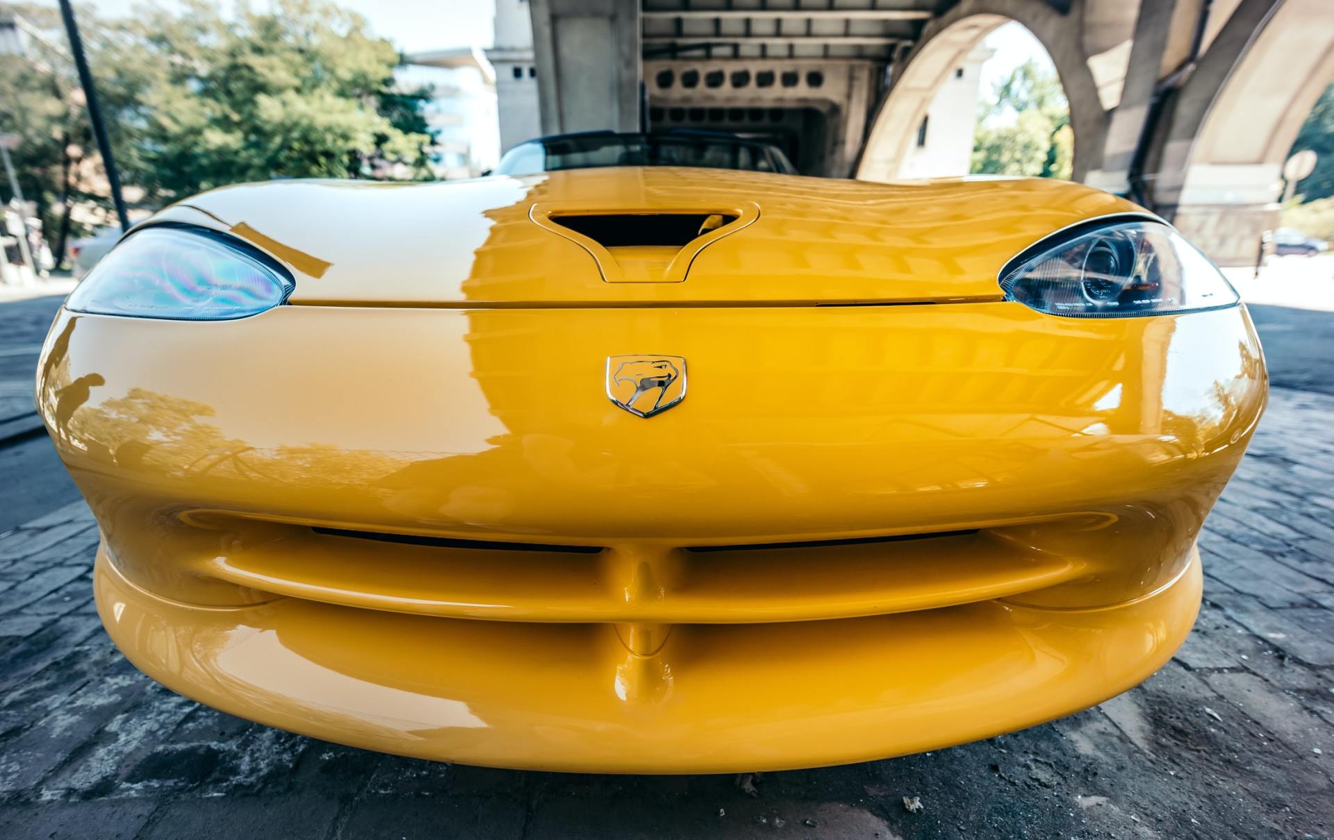yellow Dodge Viper front end close up