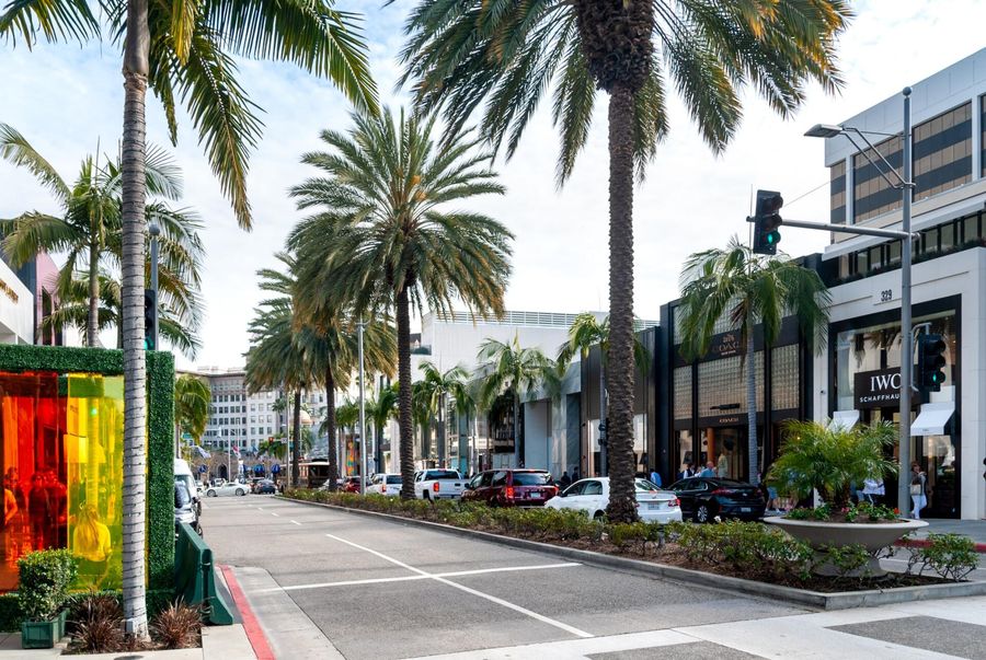 A street with palm trees on the side of it in a city.