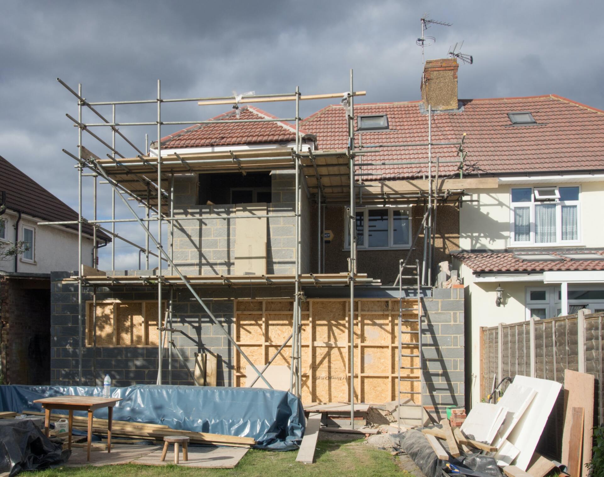 home construction with scaffolding