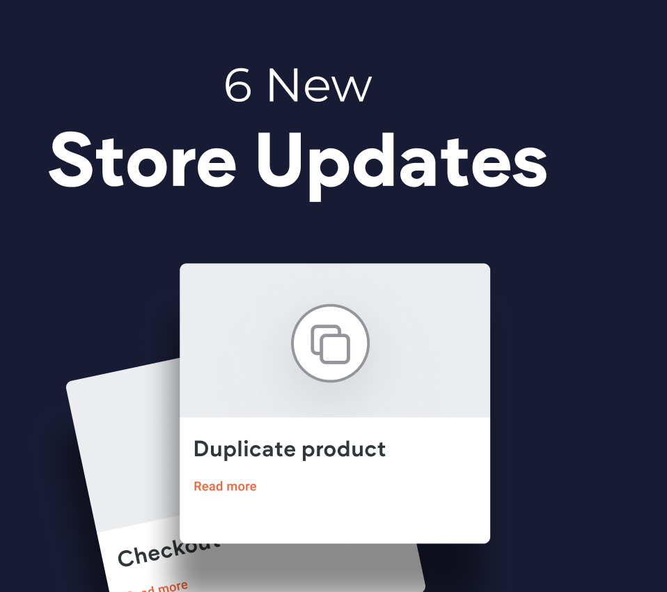 A picture of two cards with the words ``6 new store updates '' written on it.
